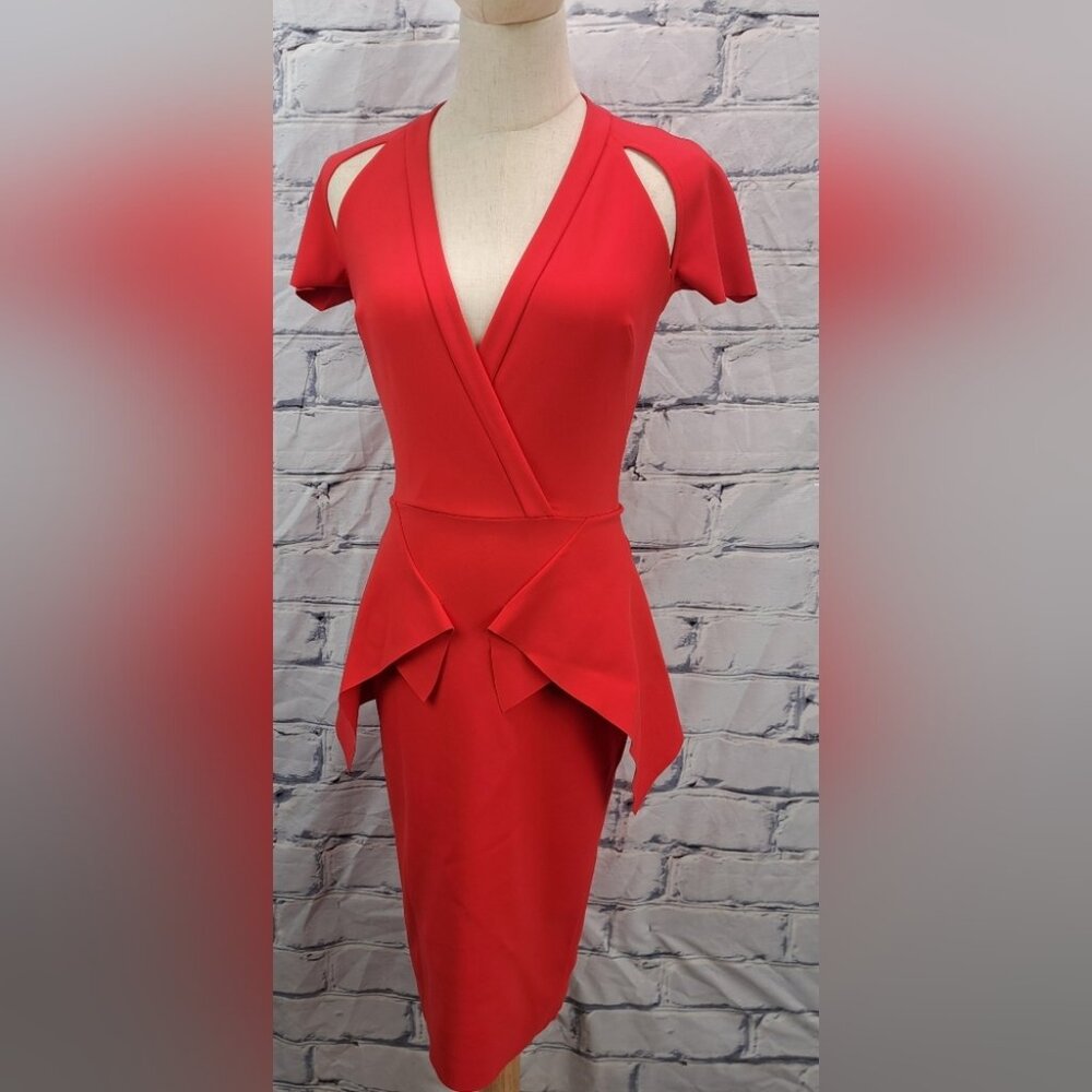 Greta Constantine Women's Peplum Flynn Dress Red Midi Made in Canada Size XS